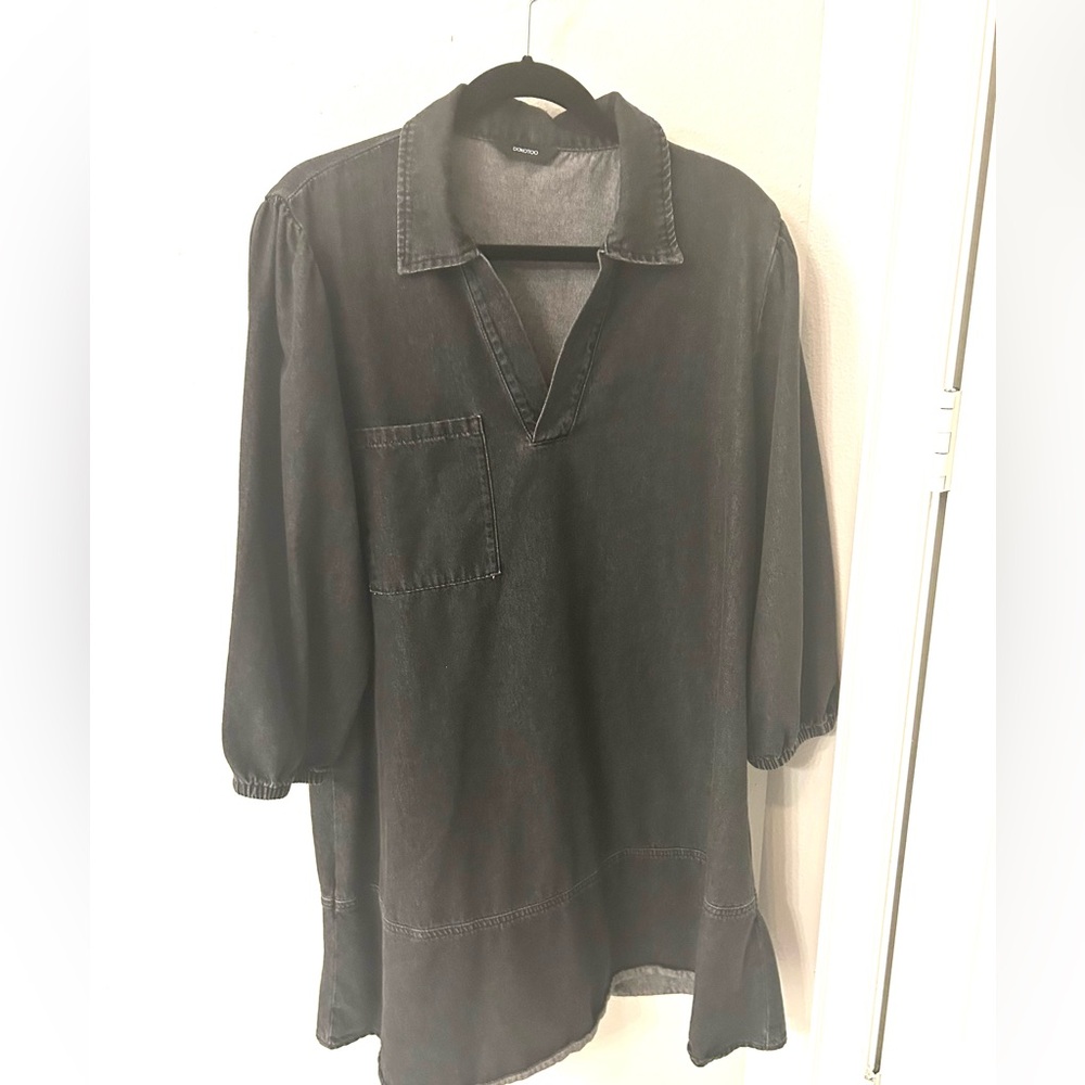 Women's 3/4 Puff Sleeve V Neck Denim Black Loose Fit Cowgirl Jean Shirt Dress